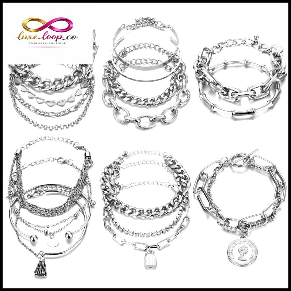 Silver Stackable Bracelets Set Chunky Dainty Adju… - image 1